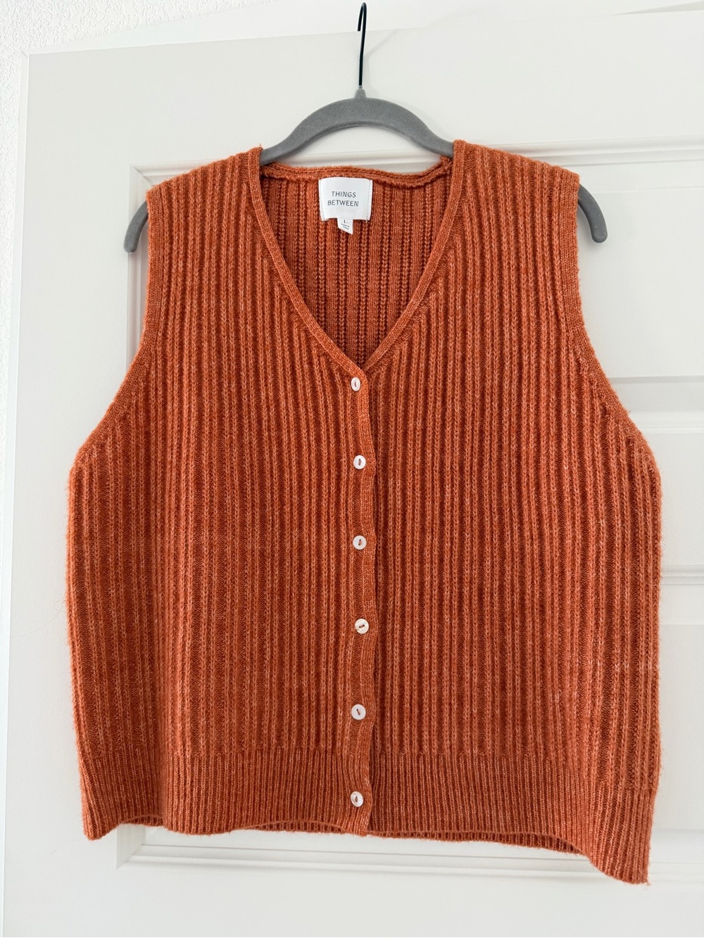 Things Between Ribbed V-Neck Button-Front Sweater Vest - Rust